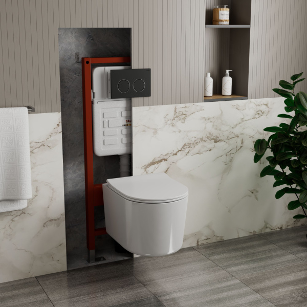 Комплект BAU 6 в 1: усиленная инсталляция BAU IDEAL, унитаз подвесной безободковый Bau Hotel PRO, сиденье микролифт, клавиша BAU Round, черная матовая