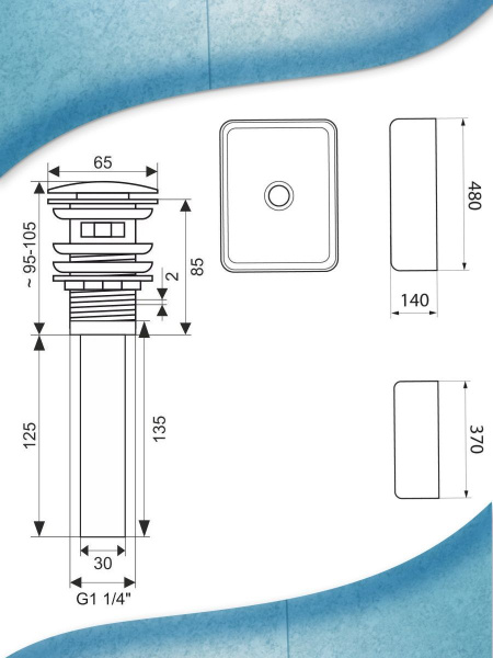 Раковина накладная прямоугольная BAU Hotel 50х39, мрамор + выпуск клик-клак, хром