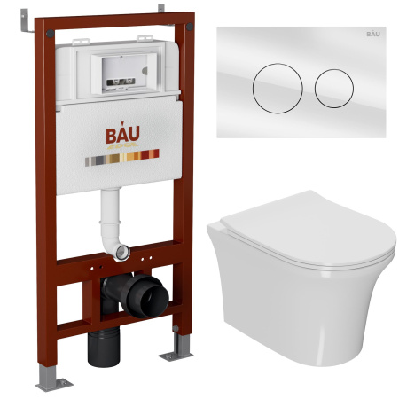 Комплект BAU 6 в 1: инсталляция BAU PRO, унитаз подвесной безободковый Bau Spectrum PRO, сиденье быстросъемное микролифт, клавиша из стекла BAU Dream, белая