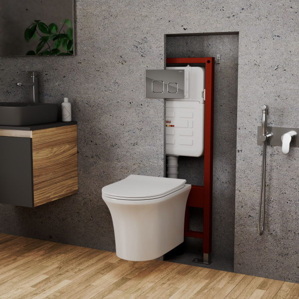 Комплект BAU 6 в 1: усиленная инсталляция BAU IDEAL, унитаз подвесной безободковый Bau Spectrum PRO, сиденье микролифт, клавиша BAU Strike, хром