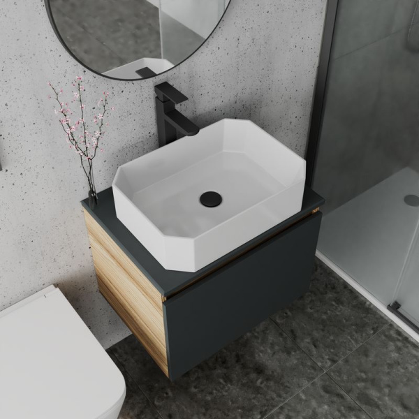 Комплект для ванной, 4 предмета (Тумба подвесная Bau Blackwood 60 графит + Раковина BAU Hotel 51х37 + Смеситель Hotel Black, черный, выпуск черный)