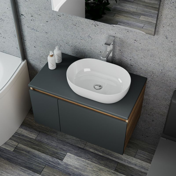 Комплект для ванной, 4 предмета (Тумба подвесная Bau Blackwood 80 графит + Раковина BAU 48х34, Смеситель высокий Hotel Still, нерж. сталь, выпуск)