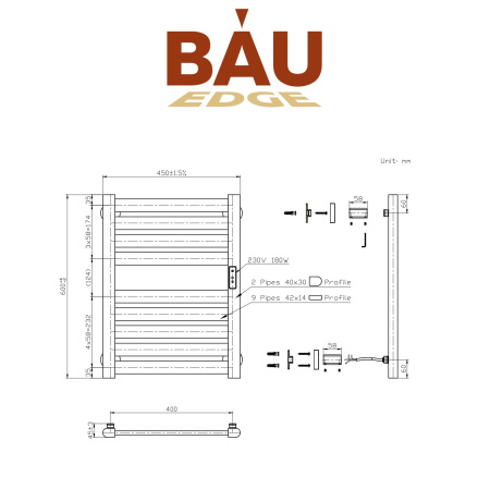 Полотенцесушитель дизайнерский электрический BAU Elite Elegant Gun Grey 60х45, подключение справа, темно-серый металлик