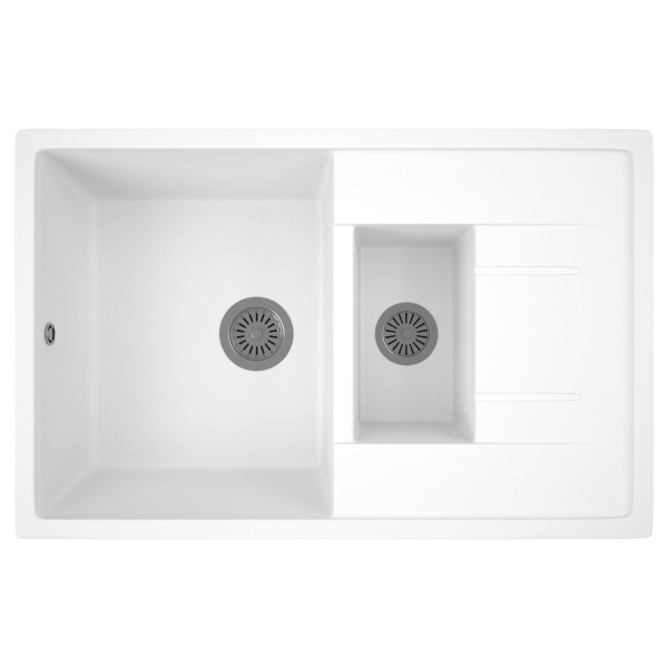 Мойка для кухни оборачиваемая полуторная чаша с крылом BAU Stil White snow 77х50, выпуск с сифоном в комплекте, белый снег