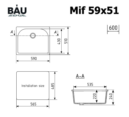 Мойка для кухни BAU Mif White snow 59х51, выпуск с сифоном в комплекте, белый снег