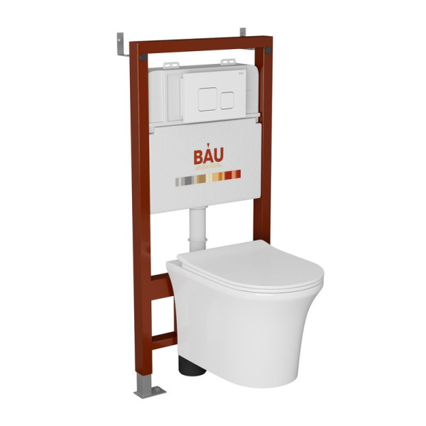 Комплект BAU 6 в 1: инсталляция BAU PRO, унитаз подвесной безободковый Bau Spectrum PRO, быстросъемное сиденье микролифт, кнопка смыва BAU Soul, белая