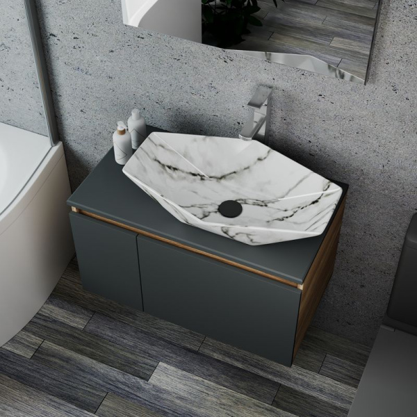 Комплект для ванной, 4 предмета (Тумба подвесная Bau Blackwood 80 графит + Раковина BAU 64х40, мрамор + Смеситель Hotel Still, выпуск черный)