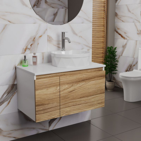 Комплект для ванной, 3 предмета (Тумба подвесная Bau Blackwood 80 + Раковина BAU D40, с отв. под см-ль, Смеситель Dream, нерж. сталь)