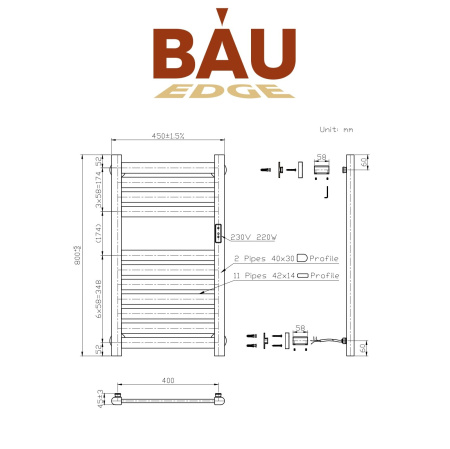 Полотенцесушитель дизайнерский электрический BAU Elite Elegant Gun Grey 80х45, подключение справа, темно-серый металлик