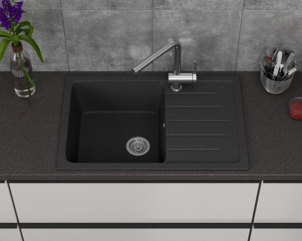 Мойка для кухни оборачиваемая с крылом BAU Stil Black stone 75х50, выпуск с сифоном в комплекте, черный камень