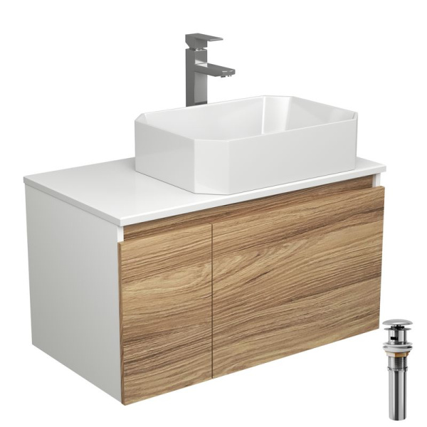 Комплект для ванной, 4 предмета (Тумба подвесная Bau Blackwood 80 + Раковина BAU Hotel 51х37, Смеситель высокий Hotel Still, нерж. сталь, выпуск)