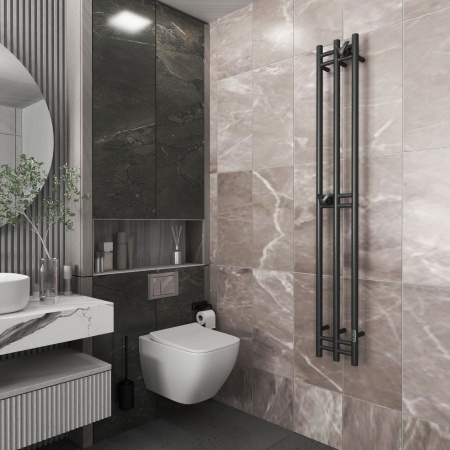 Полотенцесушитель дизайнерский электрический, BAU Stella 25х160, 3 коллектора, 2 крючка, черный матовый RAL 9005