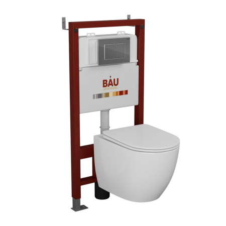 Комплект BAU 6 в 1: инсталляция BAU PRO, унитаз подвесной безободковый Bau Dream 49,5х36, сиденье дюропласт микролифт, клавиша BAU Stil, хром