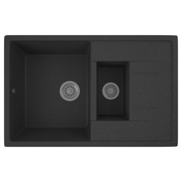 Мойка для кухни оборачиваемая полуторная чаша с крылом BAU Stil Black stone 77х50, выпуск с сифоном в комплекте, черный камень
