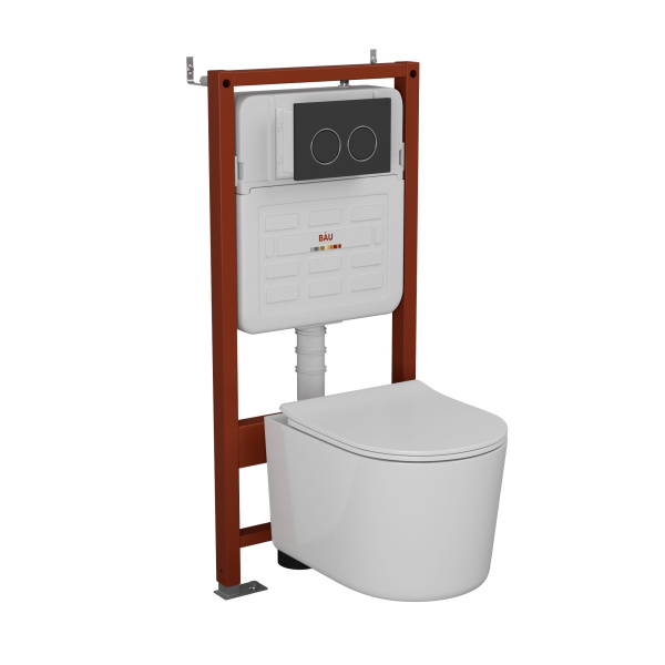 Комплект BAU 6 в 1: усиленная инсталляция BAU IDEAL, унитаз подвесной безободковый Bau Hotel PRO, сиденье микролифт, клавиша BAU Round, черная матовая