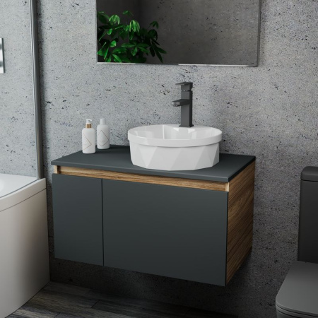 Комплект для ванной, 3 предмета (Тумба подвесная Bau Blackwood 80 графит + Раковина BAU D40, с отв. под см-ль, Смеситель Hotel Black, черный)
