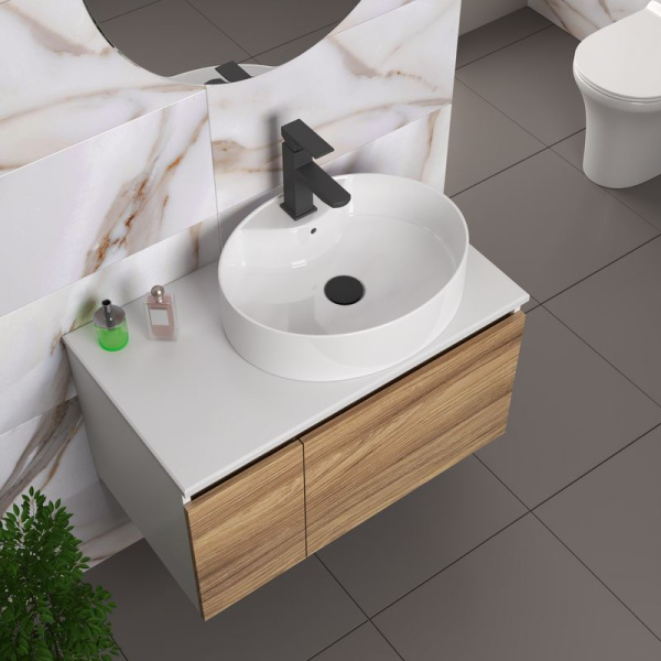 Комплект для ванной, 4 предмета (Тумба подвесная Bau Blackwood 80 + Раковина BAU 51х41, с отв. под см-ль + Смеситель Hotel Black, выпуск черный)
