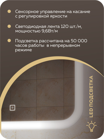 Зеркало Bau Stil 40х70, сенсорная LED подсветка, пластиковый защитный корпус