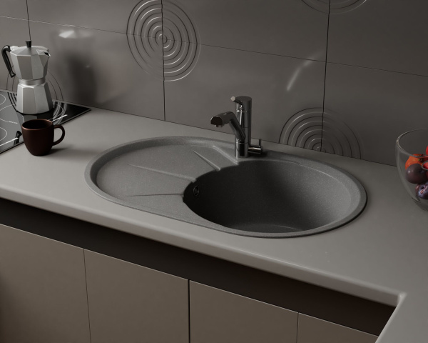 Мойка для кухни оборачиваемая овальная BAU Nimb Gray stone 75х48, выпуск с сифоном в комплекте, серый камень