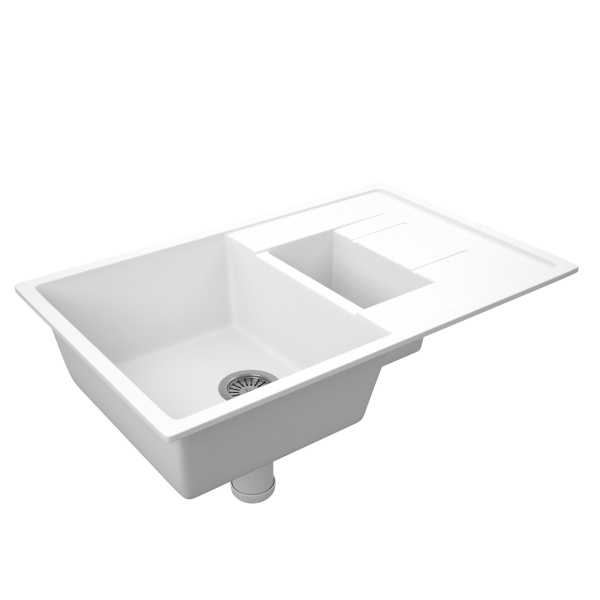 Мойка для кухни оборачиваемая полуторная чаша с крылом BAU Stil White snow 77х50, выпуск с сифоном в комплекте, белый снег