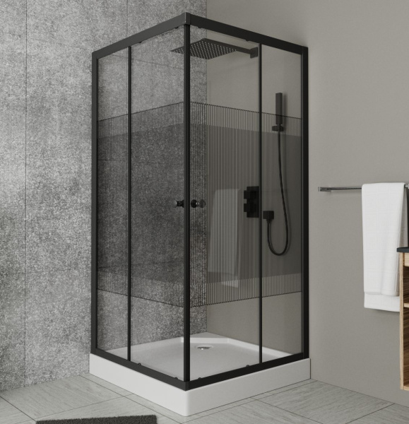 Душевой уголок квадратный BAU Stil pattern 90х90х195, с поддоном 12,5 см, закаленное стекло толщиной 5 мм, черные профили, с сифоном