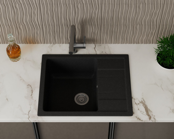 Мойка для кухни оборачиваемая с крылом BAU Stil Black stone 61х50, выпуск с сифоном в комплекте, черный камень