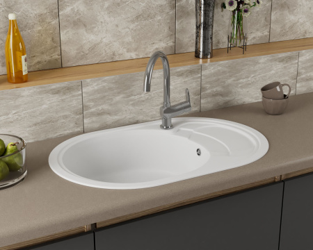 Мойка для кухни оборачиваемая овальная BAU Nimb White snow 78х50, выпуск с сифоном в комплекте, белый снег