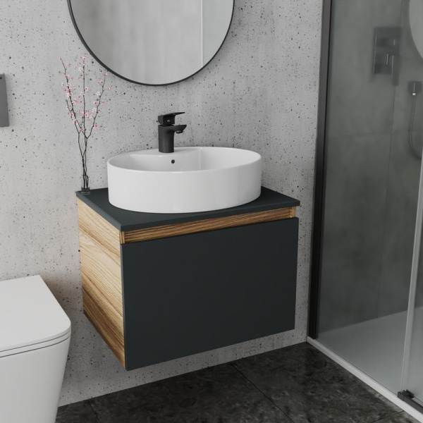 Комплект для ванной, 3 предмета (Тумба подвесная Bau Blackwood 60 графит + Раковина BAU 51х41, с отв. под см-ль, Смеситель Cerama Black, черный)