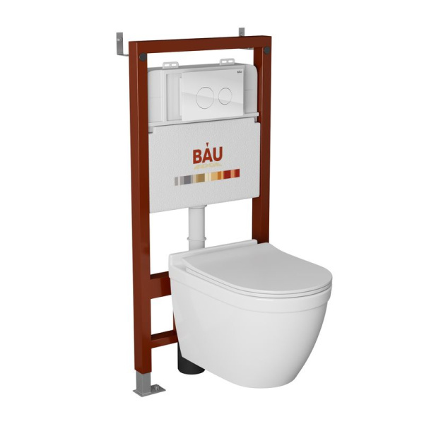 Комплект BAU 6 в 1: инсталляция BAU PRO, унитаз подвесной безободковый Bau Mif PRO, сиденье быстросъемное микролифт, клавиша из стекла Dream, белая
