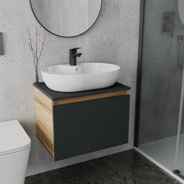 Комплект для ванной, 3 предмета (Тумба подвесная Bau Blackwood 60 графит + Раковина BAU 60х42, с отв. под см-ль, Смеситель Cerama Black, черный)