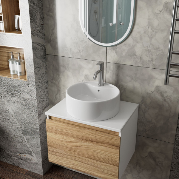 Раковина накладная круглая BAU D40, с отверстием под смеситель, белая + смеситель Dream, нер. сталь, выпуск клик-клак хром)