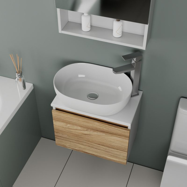 Комплект для ванной, 4 предмета (Тумба подвесная Bau Blackwood 50 + Раковина BAU 48х34, Смеситель высокий Hotel Still, нерж. сталь, выпуск)