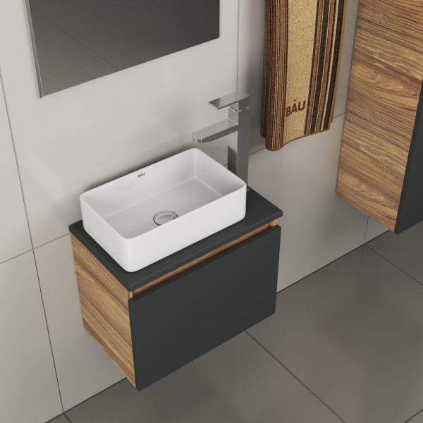Комплект для ванной, 4 предмета (тумба Bau 50, графит + раковина BAU Hotel mini 38х24 + смеситель Hotel Still, выпуск клик-клак, хром)