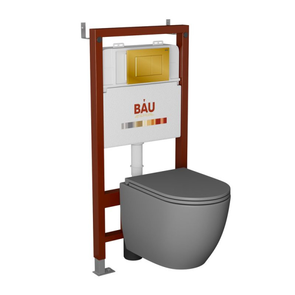 Комплект BAU 6 в 1: инсталляция BAU PRO, унитаз подвесной безободковый торнадо обратного потока Bau Dream 52х36 Hurricane-2, сиденье дюропласт микролифт, кнопка смыва BAU Stil, золото