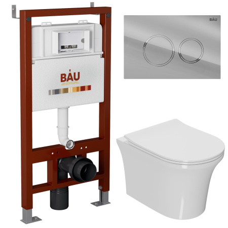 Комплект BAU 6 в 1: инсталляция BAU PRO, унитаз подвесной безободковый Bau Spectrum PRO, сиденье быстросъемное микролифт, клавиша BAU Dream, хром