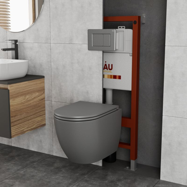 Комплект BAU 6 в 1: инсталляция BAU PRO, унитаз подвесной безободковый торнадо обратного потока Bau Dream 52х36 Hurricane-2, сиденье дюропласт микролифт, кнопка смыва Gun Grey, темно-серый металлик