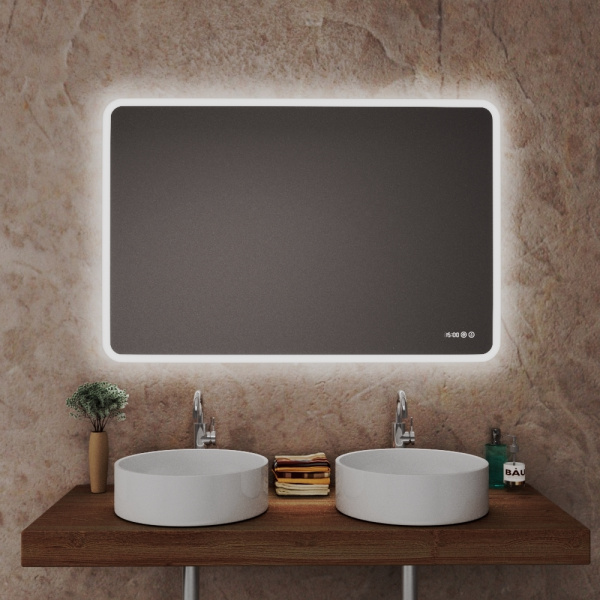 Зеркало с часами и LED подсветкой Bau Stil 1200х70, сенсорное управление, пластиковый защитный корпус