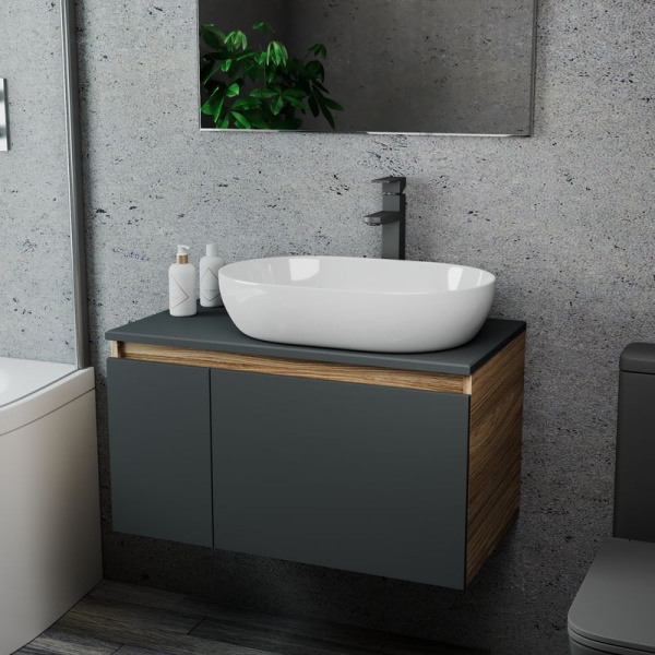 Комплект для ванной, 3 предмета (Тумба подвесная Bau Blackwood 80 графит + Раковина BAU 59х40, Смеситель высокий Hotel Black, черный)